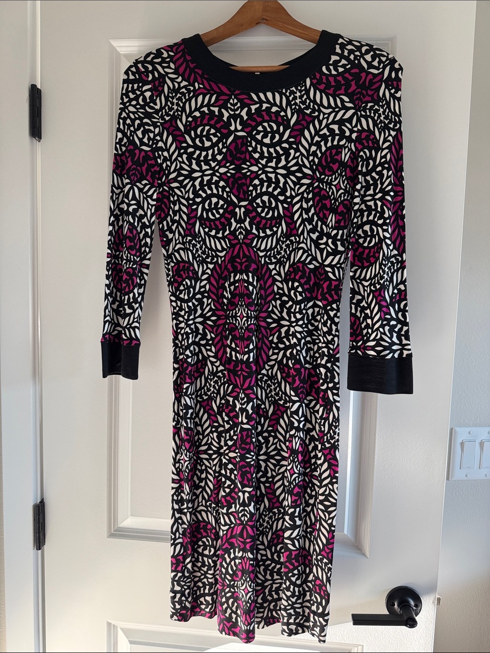 Tory Burch Black, White & Magenta Long Sleeve Midi Dress